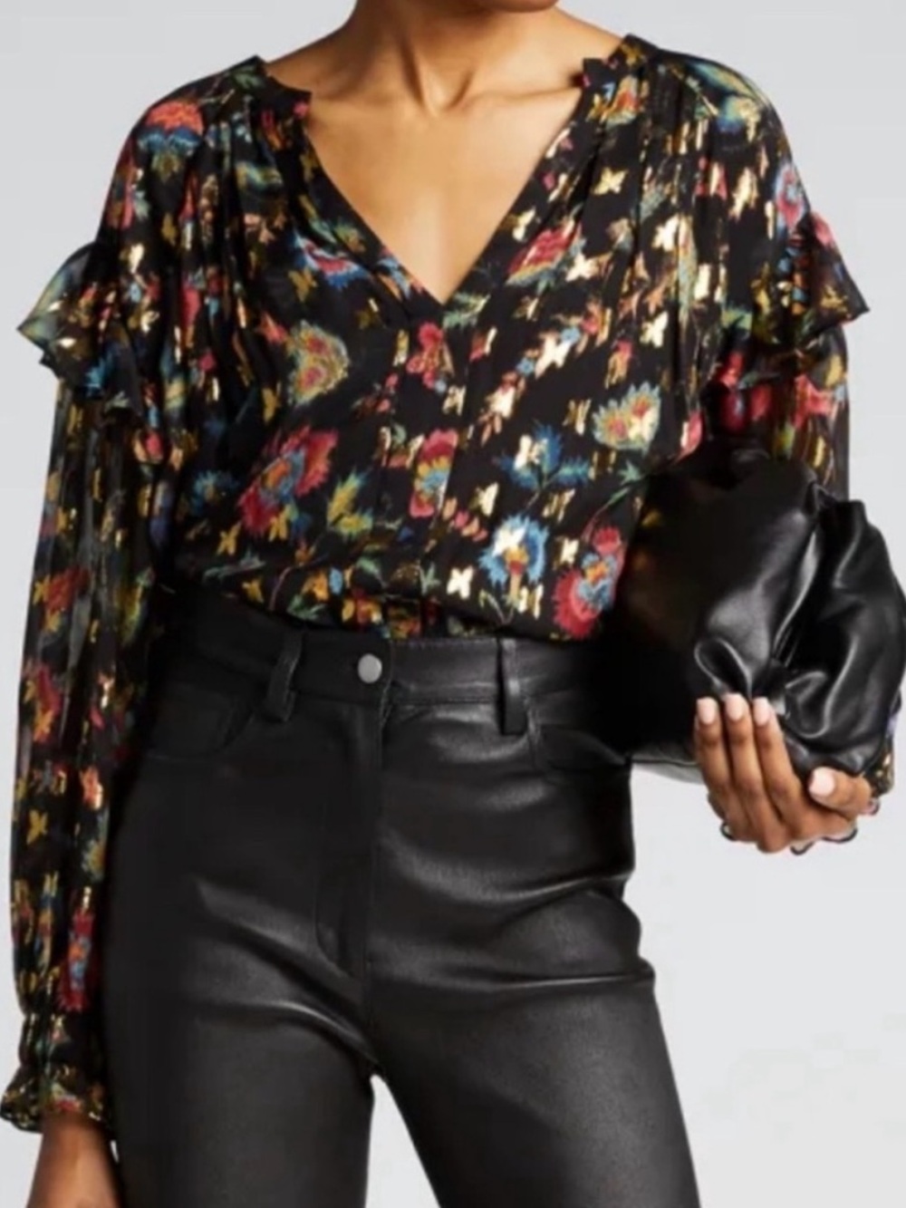 Derek Lam Lilou Black Floral V-Neck Long Sleeve Blouse